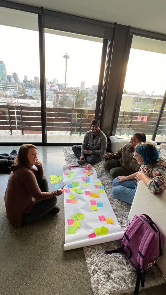 Matsulab members sitting on the floor in a brainstorming session with post its on a roll of white paper.