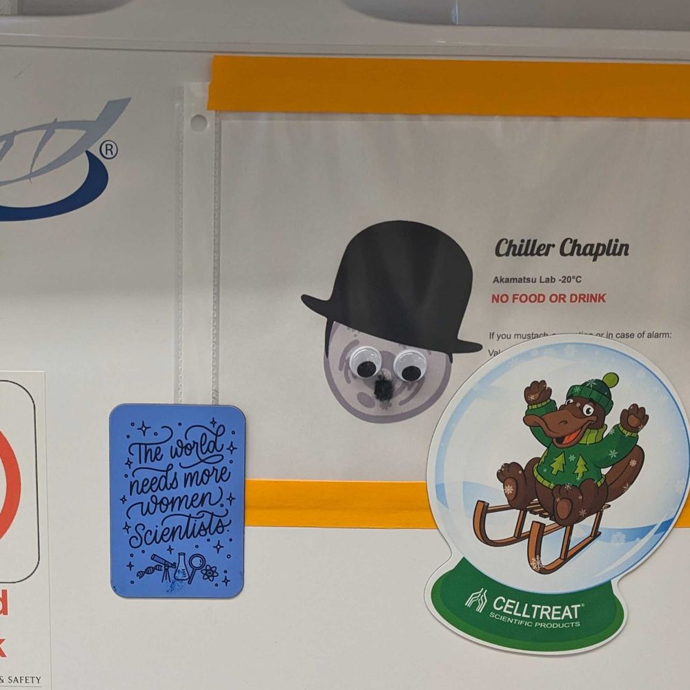 A sign of a cell with a bowler hat, small mustache, and googley eyes named "Chiller Chaplin". A blue magnet says: "The world needs more women scientists" and another magnet shows a platypus on a sled in a snowglobe.