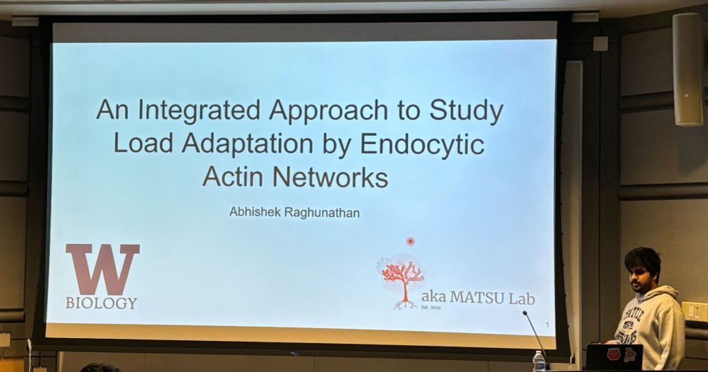 Abhi gives a presentation titled "An Integrated Approach to Study Load Adaptation by Endocytic Actin Networks". Along with the title, logos for UW biology and the Akamatsu Lab can be seen on the first slide.