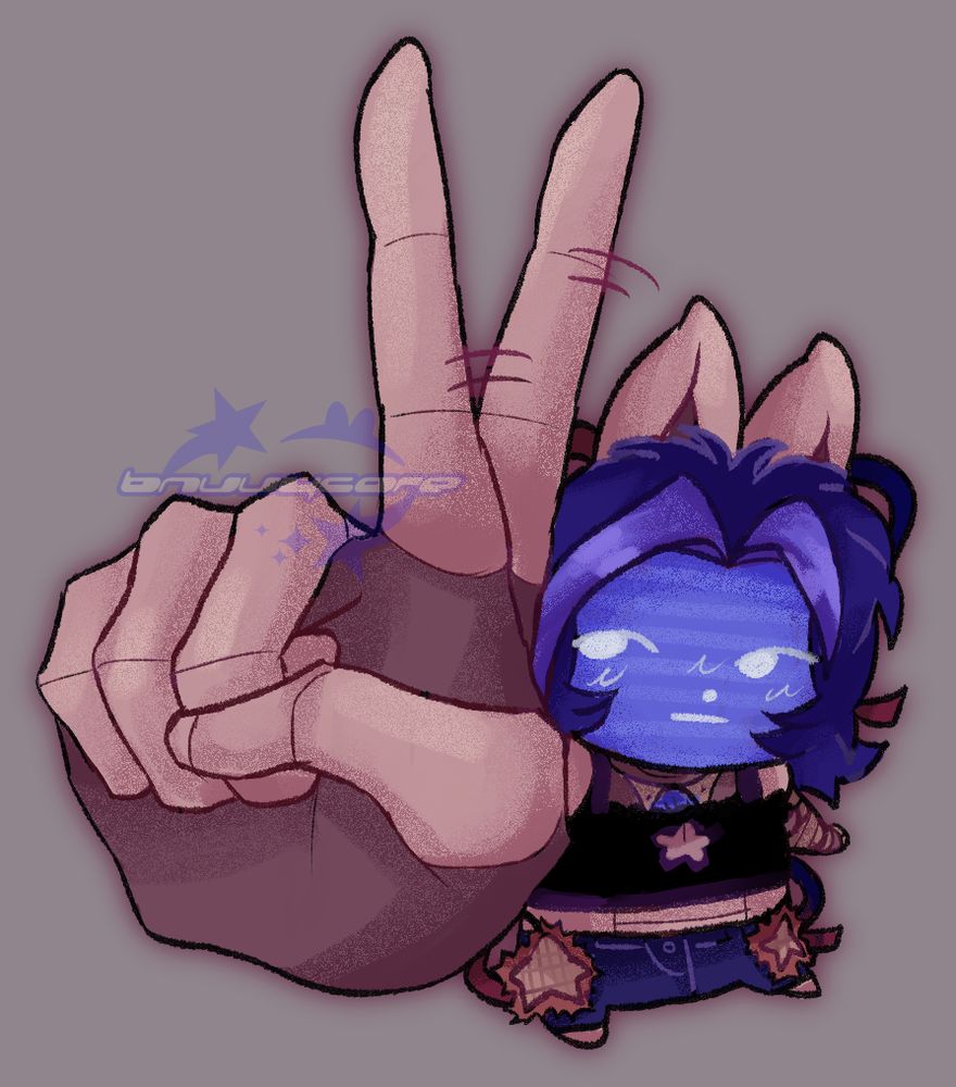 my sona "bnuuy" with a comically large hand and tiny stubby body wagging his finger at the camera, serious expression