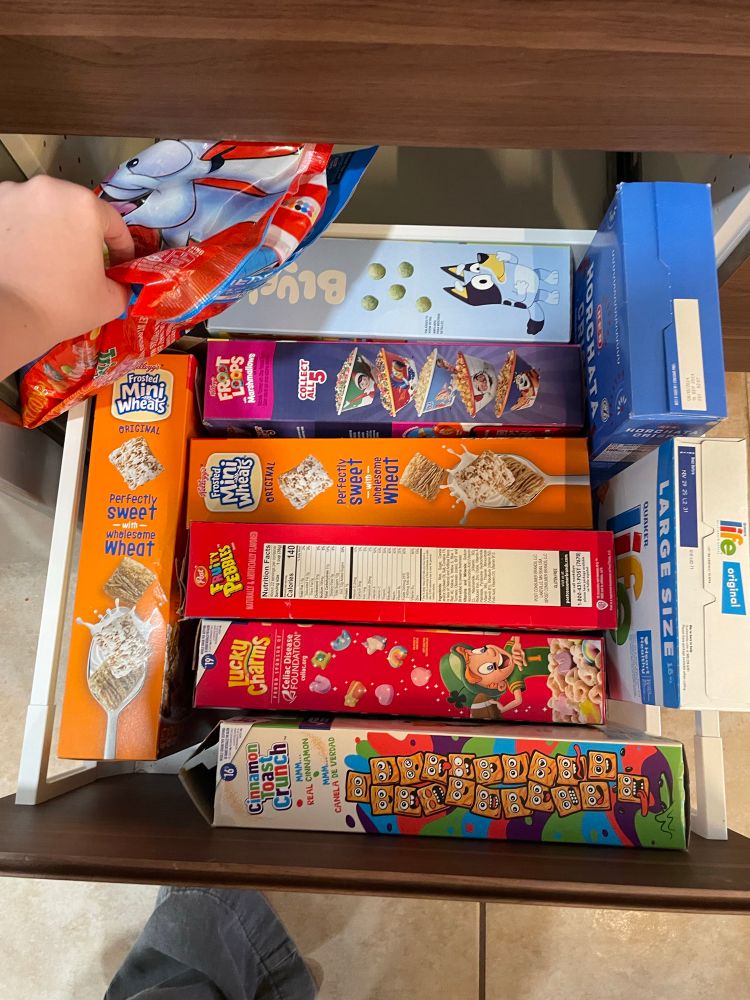 My cereal drawer, with 10 cereal boxes