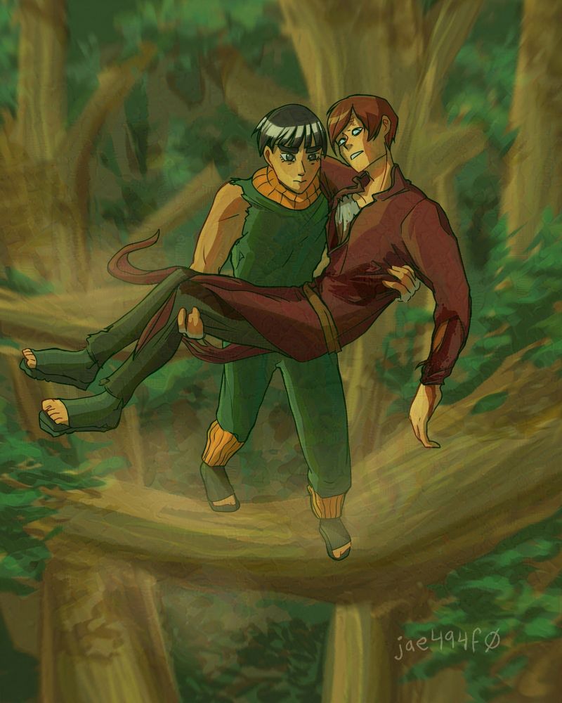 Rock Lee carrying Gaara and jumping through the trees. Gaara is bleeding from his chest and forearm. Art by jae494f0.