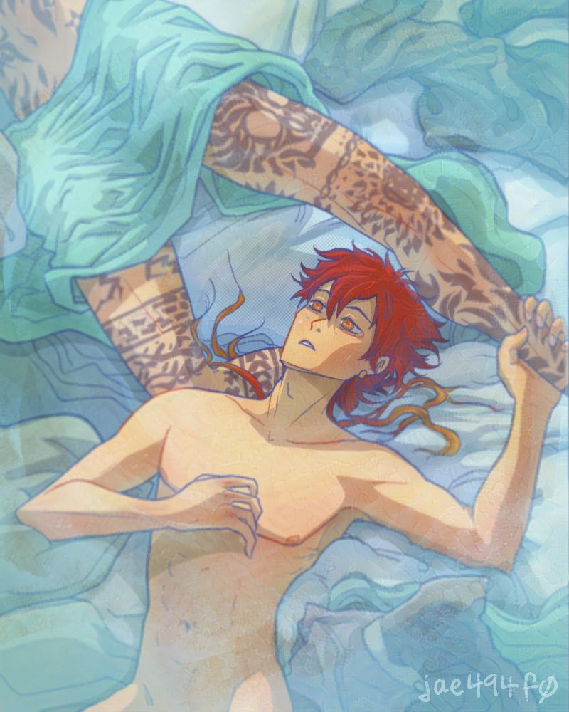 Takiishi Chika on a mass of bedding and clothing, between Endo Yamato's legs. The smoky mist surrounds him. Is this a dream? Is this a memory?  Art by jae494f0.