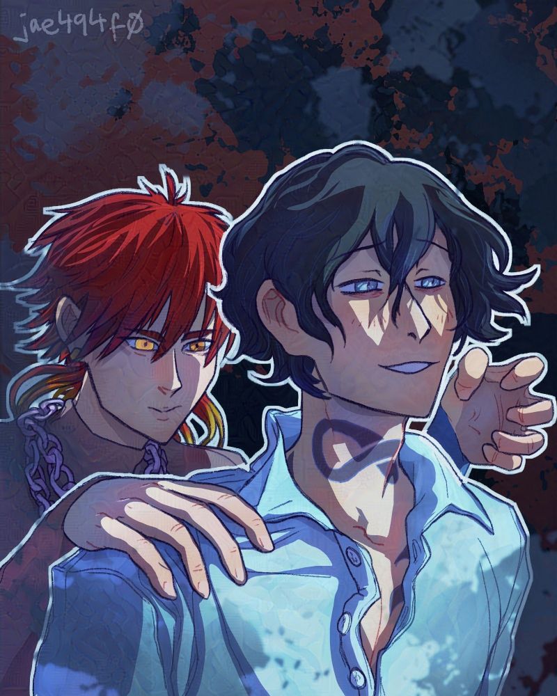 Endo Yamato looking happy and sad at the same time, as if he can sense Takiishi Chika's presence. Chika looks like he's about to assault him.