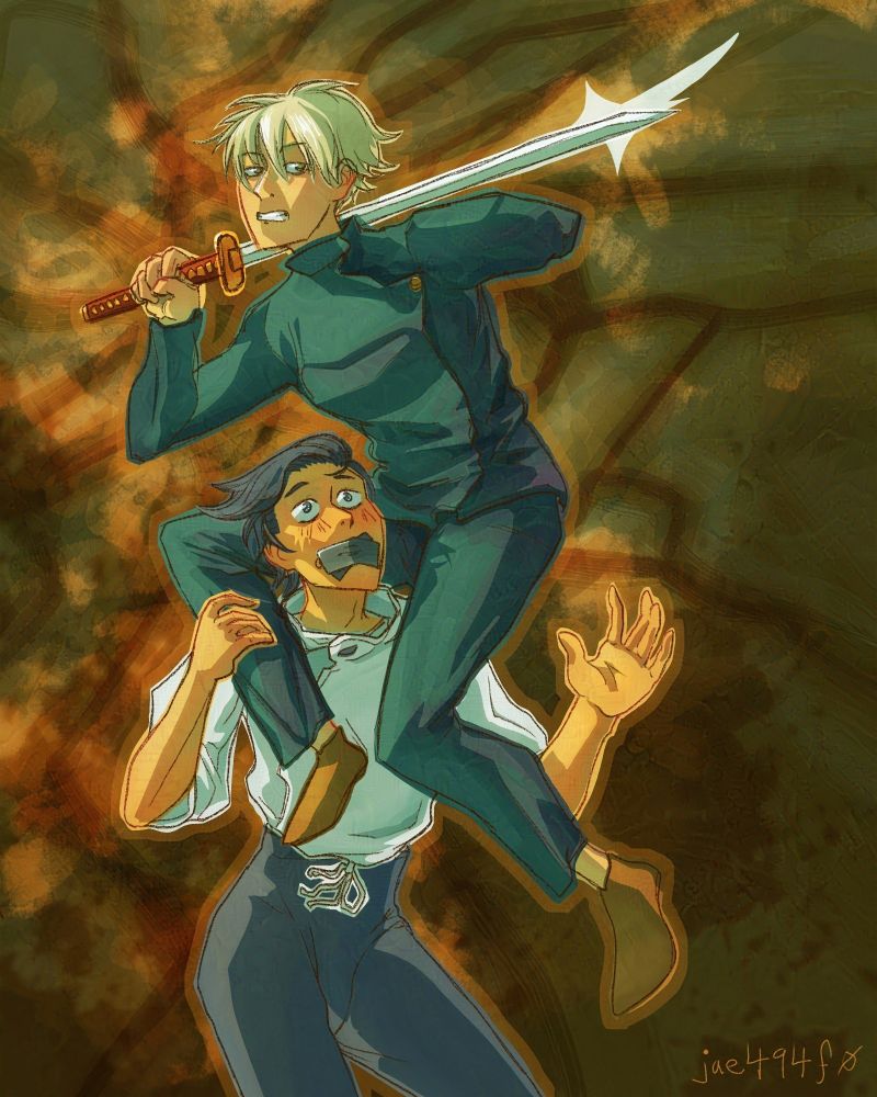 Toge Inumaki on Yuta Okkotsu's shoulders and holding his sword. Meanwhile Yuta has duct tape over his mouth (technique swap).  Art by jae494f0.