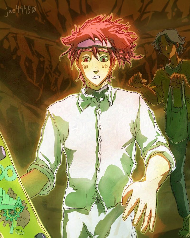 Reki Kyan wearing Langa's outfit accidently -- and only just realizing it as the spotlight hits him.  Art by jae494f0.