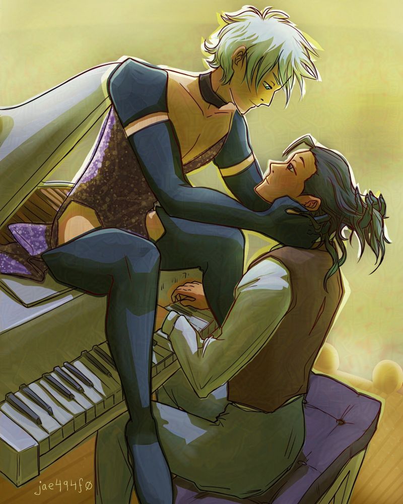 Gojo Satoru and Getou Suguru on stage. Gojo is sitting on the piano that Getou plays while looking up adoringly at him. Art by jae494f0.