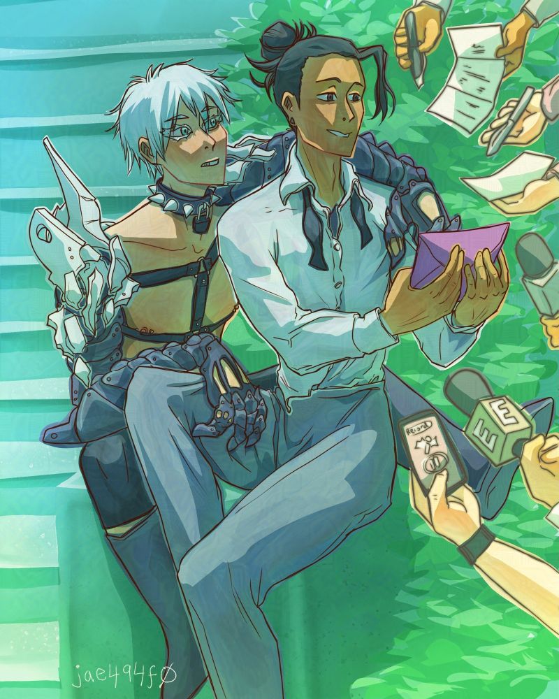 Gojo Satoru, a punk rocker, and Getou Suguru, a classical pianist being accosted by reporters on the carpet of the Met gala. Getou is happy to answer questions and sign autographs, while Gojo looks pissed.  Art by jae494f0.
