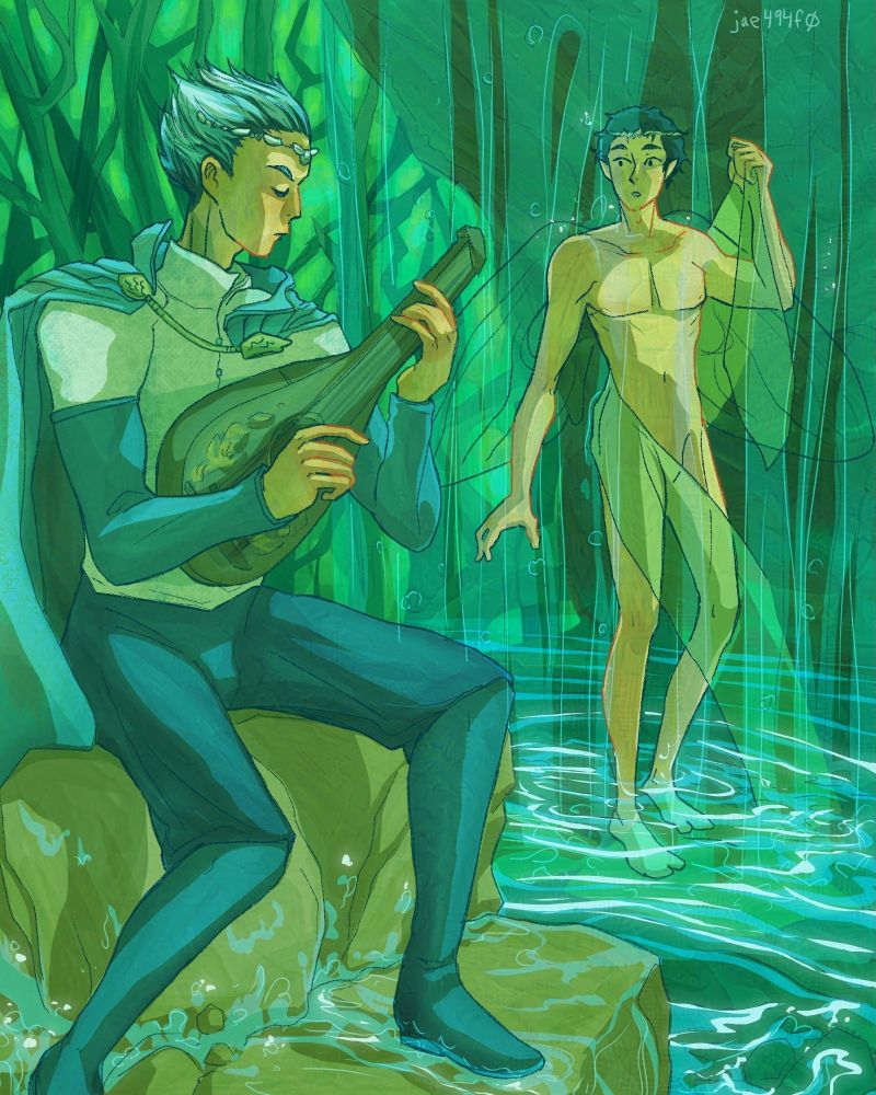 In a secluded forest river in a Fantasy AU, Akaashi (a fairy) spies on Bokuto (a prince) playing the lute. Akaashi was bathing in the water, but looks unabashed at Bokuto's form.  Art by jae494f0.