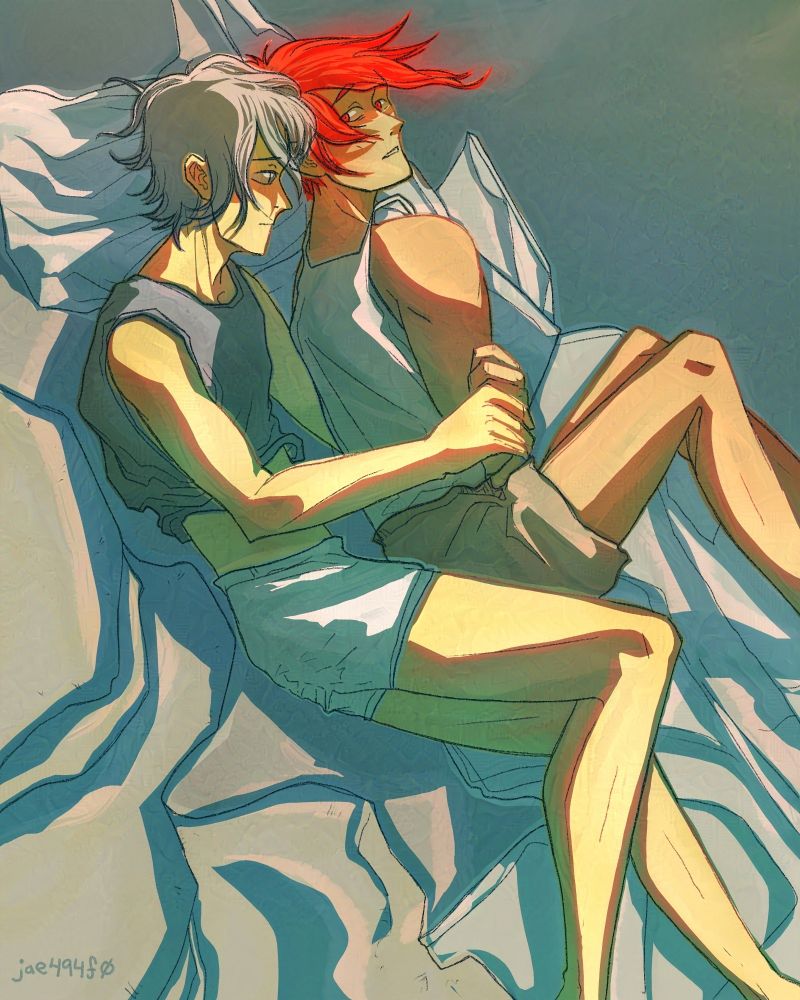 An older version of Reki Kyan and Langa Hasegawa looking sad in bed. Reki is in the fetal position mostly turned away, and Langa is trying to pull him closer.  Art by jae494f0.