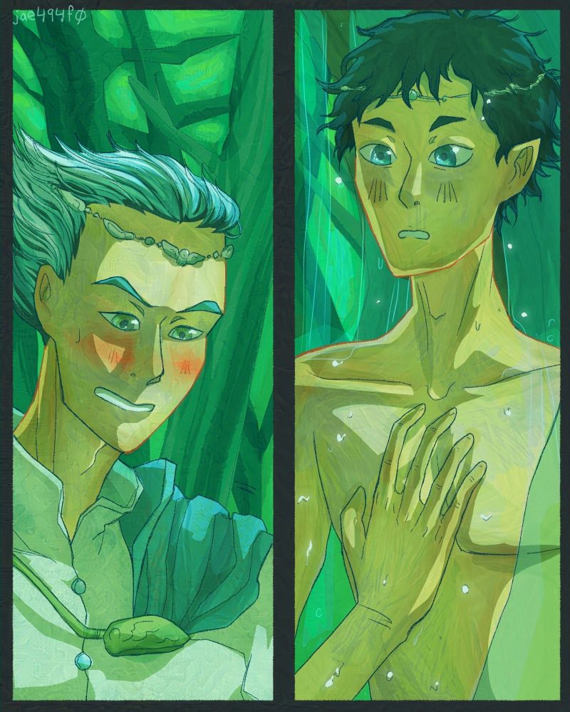 While Bokuto continues focusing and playing, Akaashi gazes on him totally in love.  Art by jae494f0.