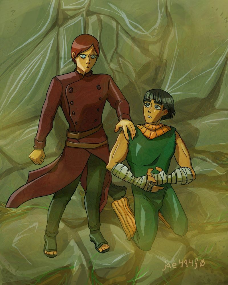 Gaara comforting Rock Lee who is clutching his chest in some pain. Art by jae494f0.