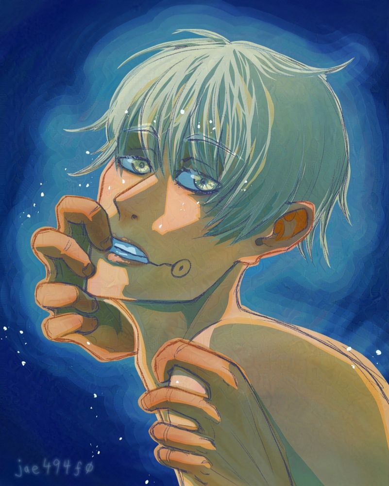 Toge Inumaki suggestively looking at the camera, with Yuta Okkotsu's hands around his shoulder and mouth.  Art by jae494f0.