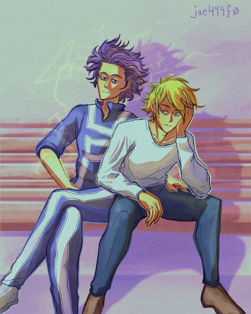 Denki Kaminari and Hitoshi Shinso seated on a bench (during the U.A. Sports Festival Arc) with there quirks swapped. There's a subtle electricity around Shinso and Denki is mood-ily looking aside.  Art by jae494f0.