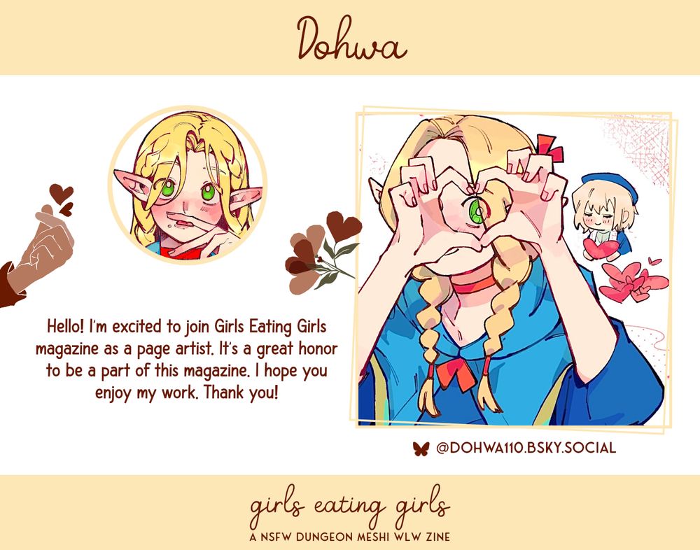 Dohwa. Hello! I’m excited to join Girls Eating Girls magazine as a page artist. It's a great honor to be a part of this magazine. I hope you enjoy my work. Thank you! Bluesky: @dohwa110.bsky.social