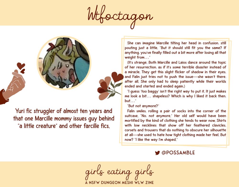 Wtfoctagon. Yuri fic struggler of almost ten years and that one Marcille mommy issues guy behind "a little creature" and other farcille fics. Twitter: @possamble