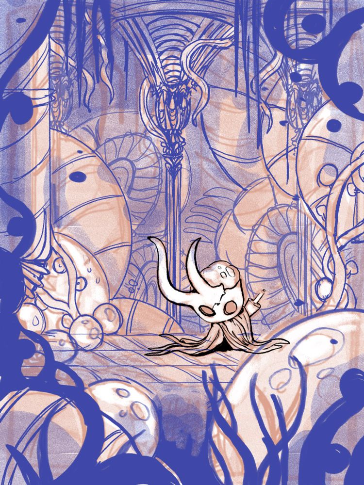 a rough sketch done in blue and orange of the broken vessel from hollow knight, resting on the floor of the ancient basin surrounded by infection and decay 