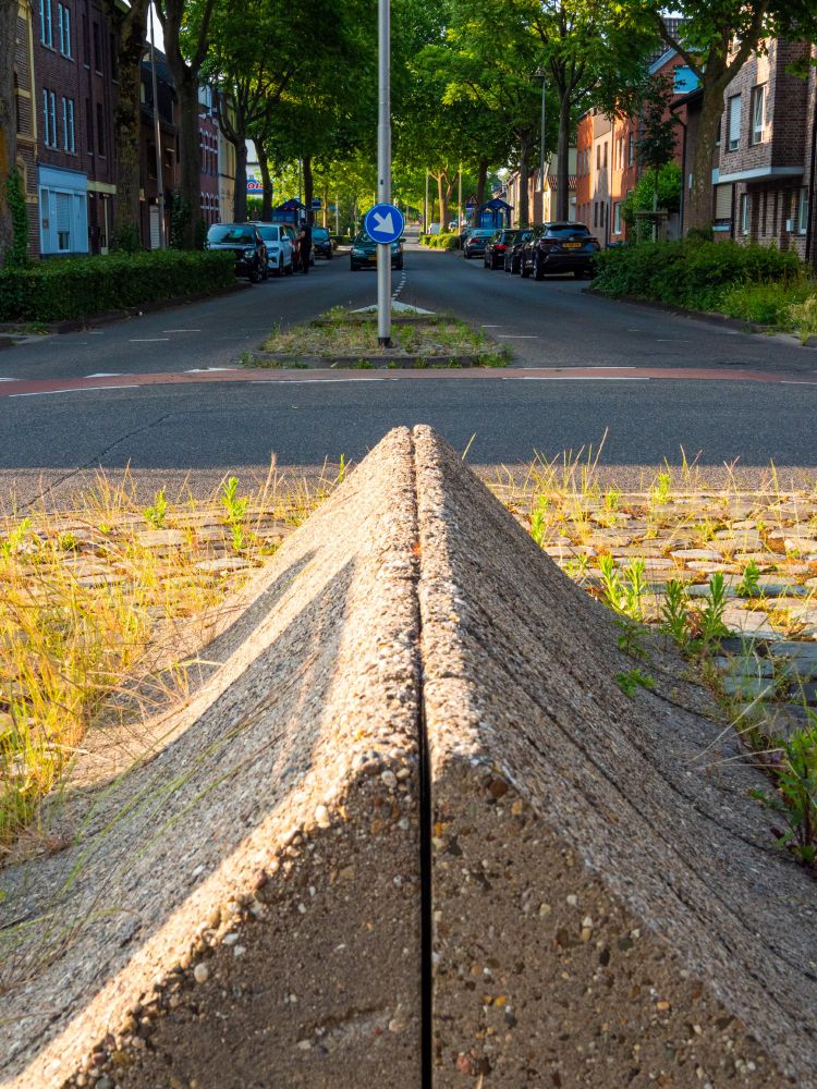 Auf dem Foto sieht man unten dreieckige Steine. Diese stehen auf einem Kreisverkehr. Dort wo die Mittellinie dieser Steine verläuft ist im weiteren Verlauf die Mittellinie einer Straße zu sehen. Links und rechts Häuser, dazwischen Bäume.