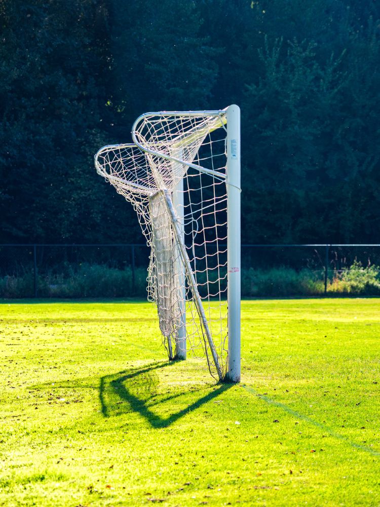 Das Foto zeigt ein Fußballtor seitlich von hinten. Durch das Gegenlicht ist die Struktur des Netzes besonders hervorgehoben. Auf dem Rasen ist der kurze Schatten des Tores zu sehen. Im Hintergrund Bäume.