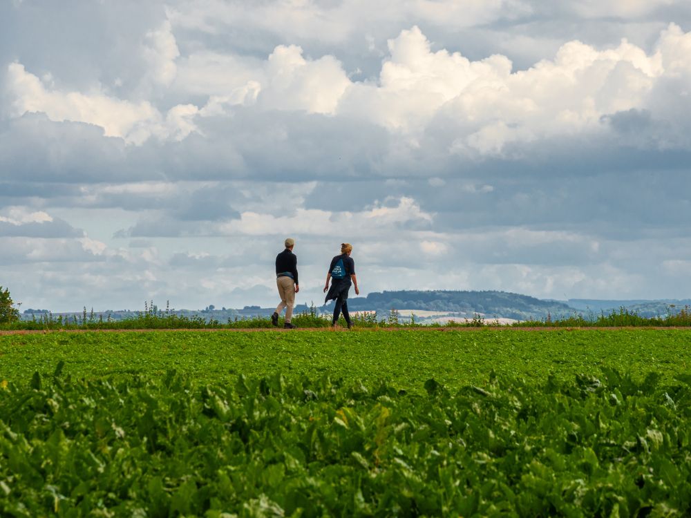 Zwei Wanderer gehen am Horizont entlang. Dahinter gibt es offensichtlich ein Tal in der Landschaft und weiter hinten gibt es noch mal Hügel, die einen zweiten Horizont darstellen.