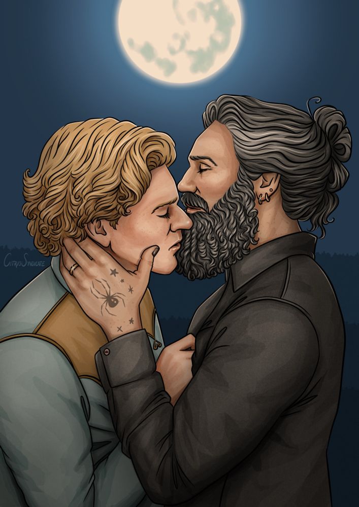 A digital drawing of Stede Bonnet and Edward Teach dancing under a full moon while Ed whispers the lyrics of Moonlight Serenade to Stede. Ed’s hand is clutching Stede’s neck and Stede’s hand is clutching Ed’s shirt. They’re both wearing long sleeved shirts. Stede’s is teal and gold and has a western motif. Ed’s is solid black. Ed has a wedding ring on his finger. 