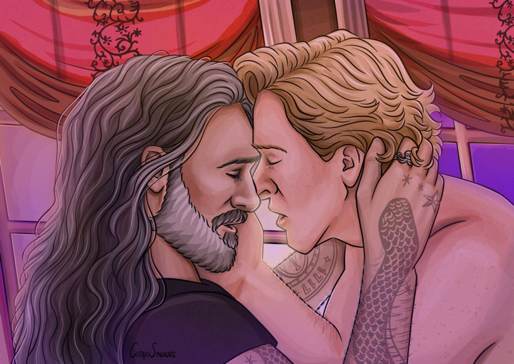 A digital drawing of Edward Teach and Stede Bonnet embracing in the bed alcove of the captain’s cabin on their ship, the Revenge. Stede is cradling Ed’s face while Ed’s hand is wrapped around Stede’s neck. The background is glowing due to fireworks being set off above board. 