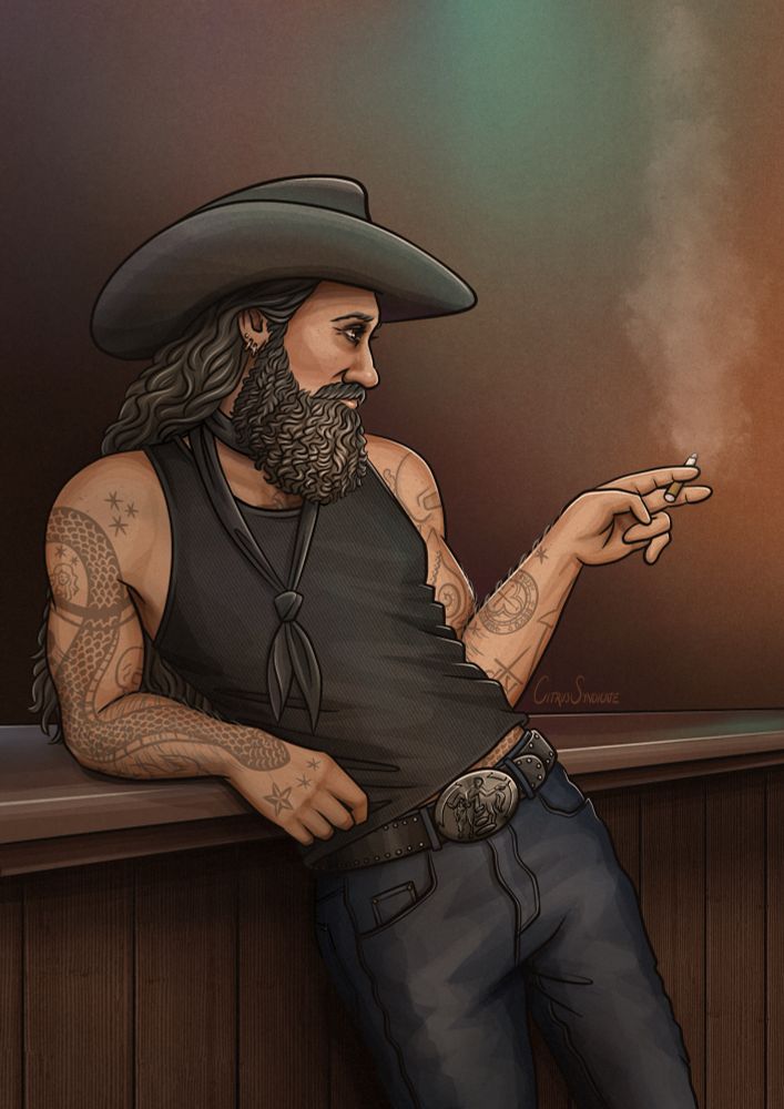 A digital drawing of Edward Teach leaning in front of a bar, with a lit cigarette in his hand. He’s wearing a black cowboy hat, a black tank top, Stede’s black tie, dark wash jeans, and a belt with a large buckle. He’s pointing off frame with the hand with the cigarette in it. 