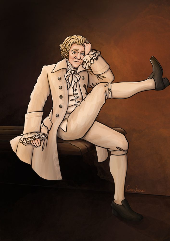 A digital drawing of Stede Bonnet in the white suit he wore to the Republic of Pirates. He’s sitting on a dilapidated wooden table with his right leg in the air, propped against the edge of the picture/a wall. He’s leaning his head against his left hand