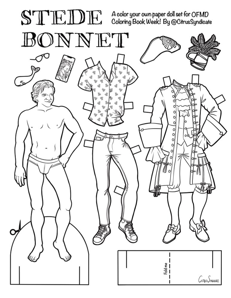 Stede Bonnet Paper Dolls. There is a base figure and stand, a modern outfit with a short sleeved button up shirt with a rosy maple moth pattern alongside some jeans. Stede’s s1e1 teal outfit is also included. There are several accessories including sunglasses, a cell phone with Ed calling, the brass whale, Stede’s pirate hat, and the fern. 