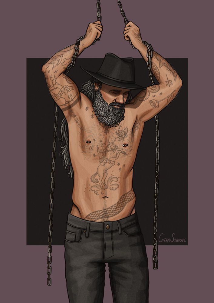 A digital drawing of Edward Teach with his hands raised above his head, grasping chains that hang from above him. He’s wearing faded black jeans and a black cowboy hat. He has his hair down and a long beard. There is a purple background with a black square in the center of the image, behind Ed. 