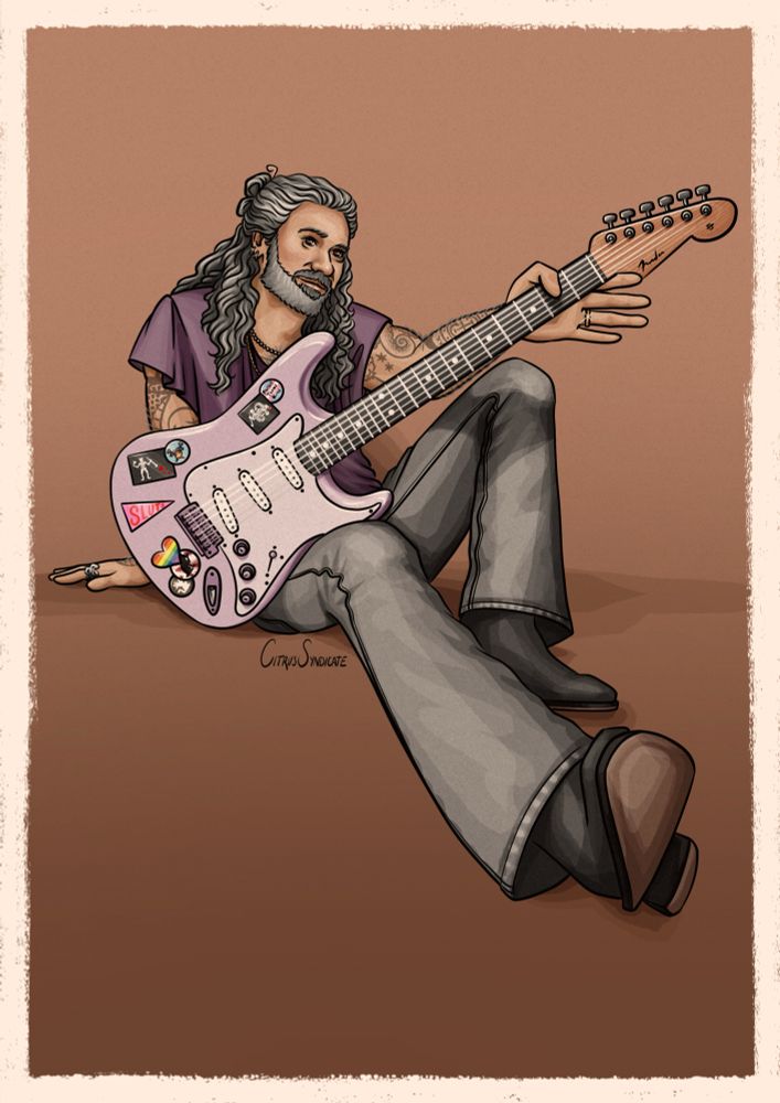A digital drawing of Edward Teach from Our Flag Means Death. He’s sitting on the ground with his right leg extended in front of him and his left leg pulled up, holding a lavender Fender guitar in his lap. He’s wearing a faded purple shirt, faded grey bootcut jeans, and black boots.