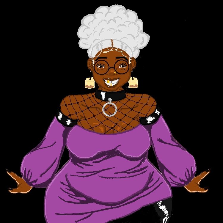 An image of my Vtuber model with white hair, round glasses, teabag earrings, gold jewelry on her teeth with a gap tooth on top, black choker with a silver ring, a black mesh piece on the chest with a purple top, black pants, and long, black nails.