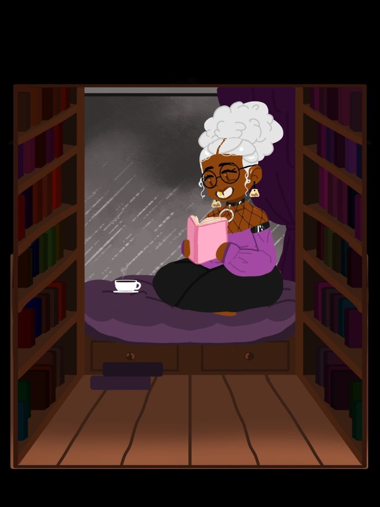A commission piece by @galpumpkin.bsky.social which shows my sona reading in a book nook with tea while it's raining outside 