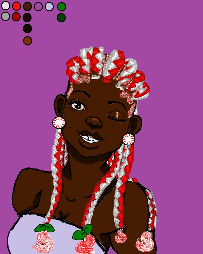A MS Paint drawing of a dark skinned, Black character with white and red cornrows with baby hairs, peppermint earring, and mint leaves on two of their braids.
