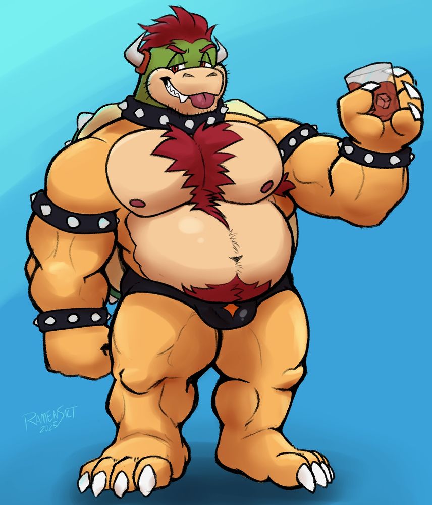 Bowser (hot) holding whiskey on the rocks in one hand and wearing a cool speedo that totally reminds you of Mario RPG for real you get the reference right? yeah. you're smart, and talented. i love you. 

#ramensalt