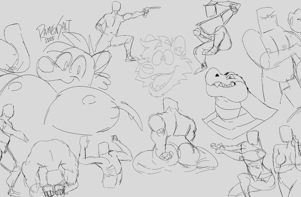 collection of 1-minute gestures with a couple quick doodles thrown in as well

i've started doing gestures a lot to help with expressiveness and like,, less stiff posing in general! i recommend it- but you've gotta stick to a strict 1min timer. let em be unfinished.