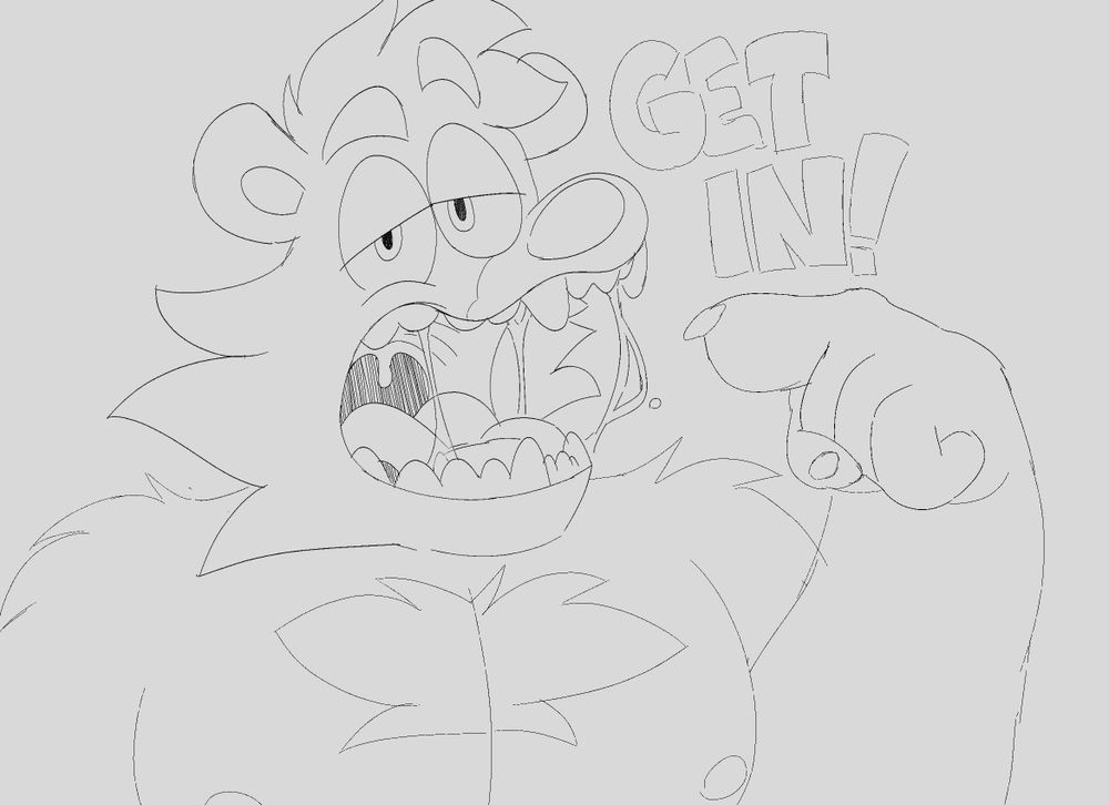 doodl of toony bear opening his maw. strands of sloppy spit connect the jaws, and he points towards his throat, saying "get in!" #ramensalt
