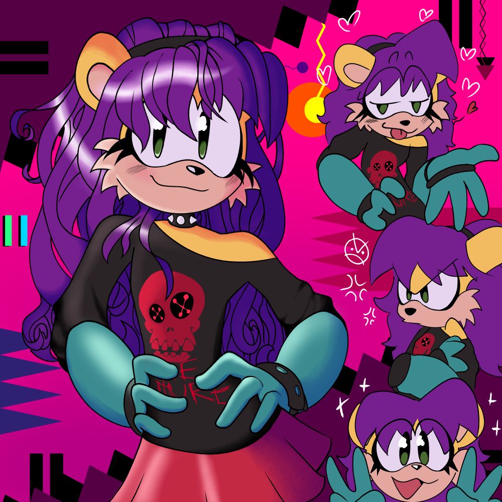 Mina Mongoose wearing a black shirt with a red skirt. The shirt having a drawing of whedNwjehshshehhdhrbIhebehdhdjjejdChwhehxuauKhebehdhhY as a red skull with the caption “THE FUTURE”. Next to her on the right are 3 other minas, one blowing a kiss, one angry, and another one really happy and making a peace sign with her 2 hands