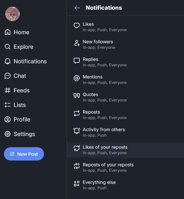 A Bsky settings panel, in the Notifications subsection, Listing options for what to receive notifications for. "Likes of your reposts" is highlighted.