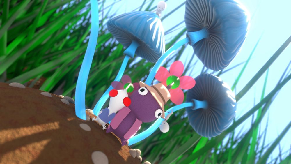 White and Purple pikmin dressed as Marshall Cuso and Frances Applewhite, sitting under a blue angel mushroonm