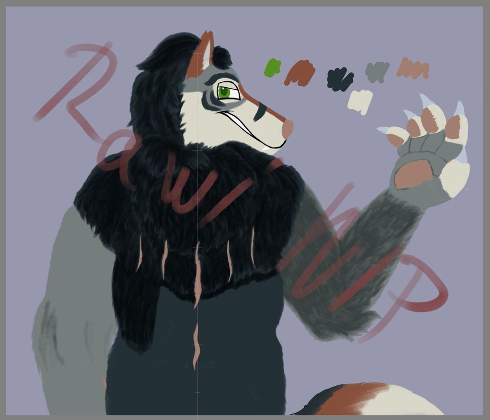 In progress painting of a werewolf character. They're looking behind their right shoulder at the viewer with a devilish grin.