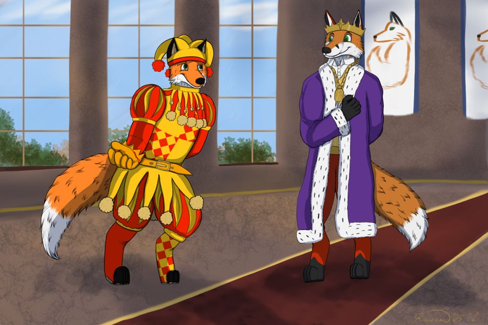 A drawing of two anthropomorphic fox characters, Roky (the author) and Loimu. Roky (left), wearing a red and yellow court jester outfit, is bowing before Loimu (right) dressed in a royal purple cloak with white fuzzy accents. The scene is placed in a brightly lit room with Loimu walking on a dark red carpet. In a background, there are two white banners with blue lining and displaying a stylised fox as a crest.