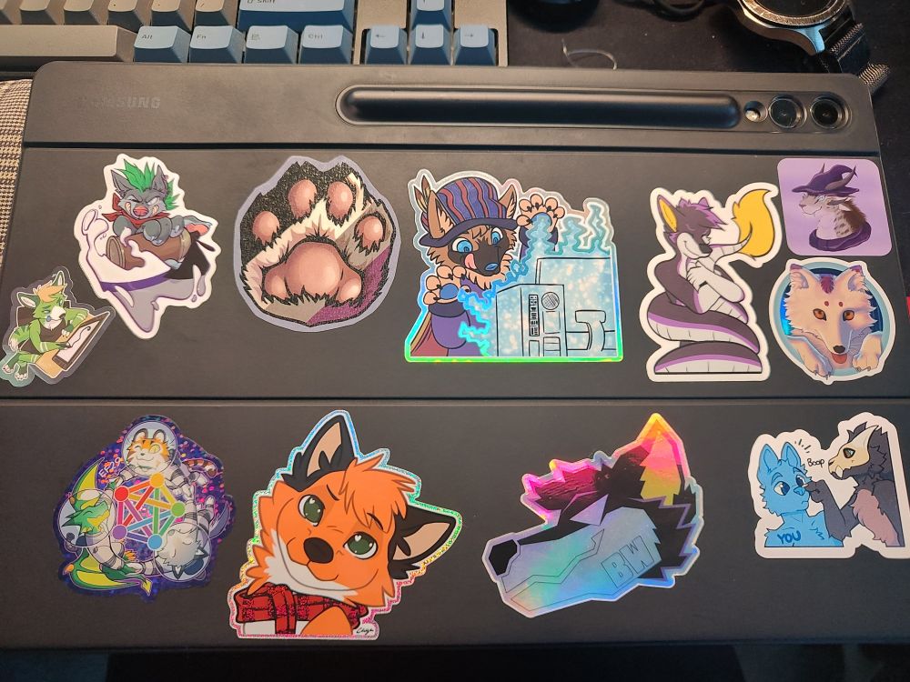 Picture of the rear side of the tablet case covered in various furry-themed stickers