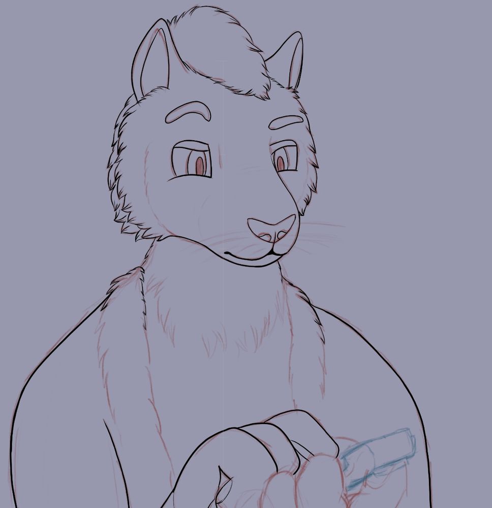 Work-in-progress drawing of an anthro cat holding a small device in their paws. Their upset expression suggests they're struggling with the use of the device since it's rather small compared to their paws.