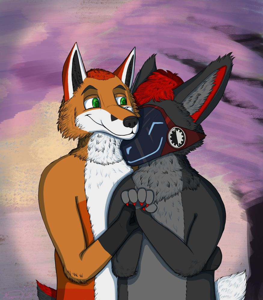 A drawing of two anthro characters, a fox and a protogen, sharing a lovely moment among cherry blossom trees.