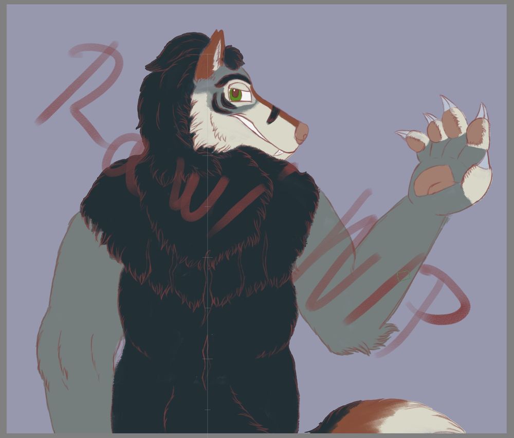 In progress painting of a werewolf character. They're looking behind their right shoulder at the viewer with a devilish grin.