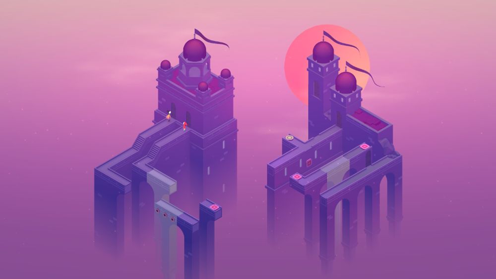 Isometric view of a dark, purple puzzle level with bridges, towers, and a character navigating a challenging path from Monument Valley 2 video game.