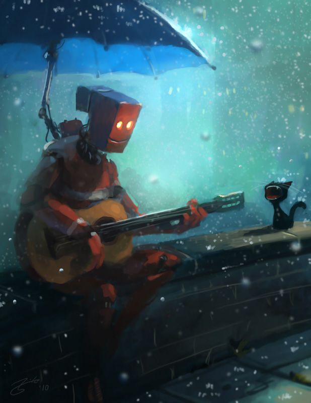 Happy robot playing guitar under an umbrella to a black cat mooing in the rain.