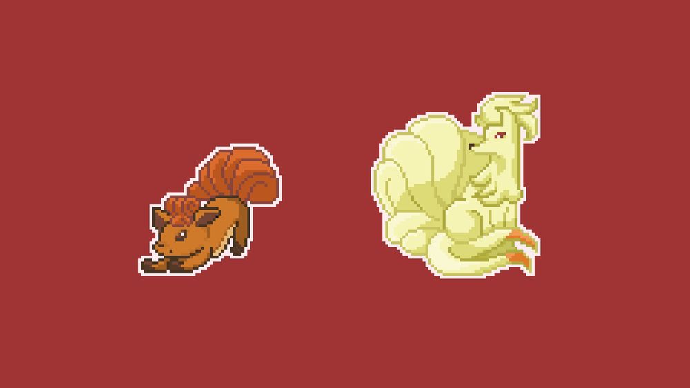 Pixel fan art of the fox type Pokemon Vulpix and Ninetales on a red background. 