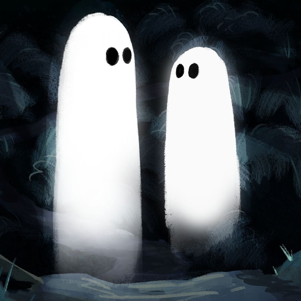 Two ghosts walking down a forest path. The background is in eery blue green tones qns the ghosts themselves seem to be glowing! They're looking at each other, probably chatting as they stroll.
